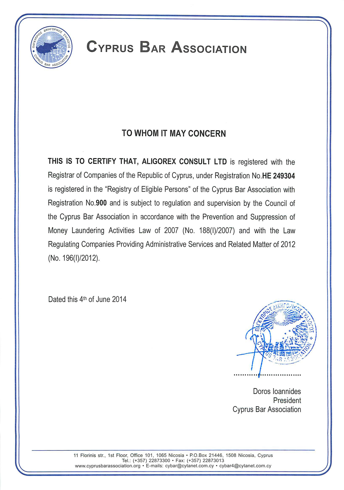 License Aligorex Consult signed by president of Cyprus Bar Association 